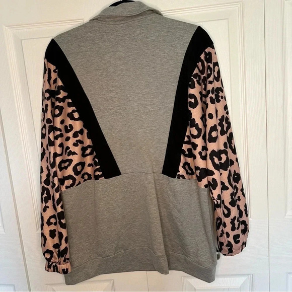 Leopard Gray & Black Quarter Zip Pullover with Pockets Relaxed Fit Size Large - Picture 6 of 11